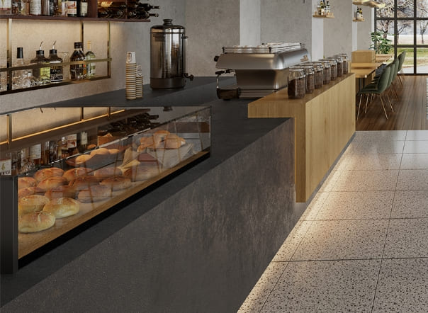 カウンターにセラミックタイル調化粧板を使った空間イメージ