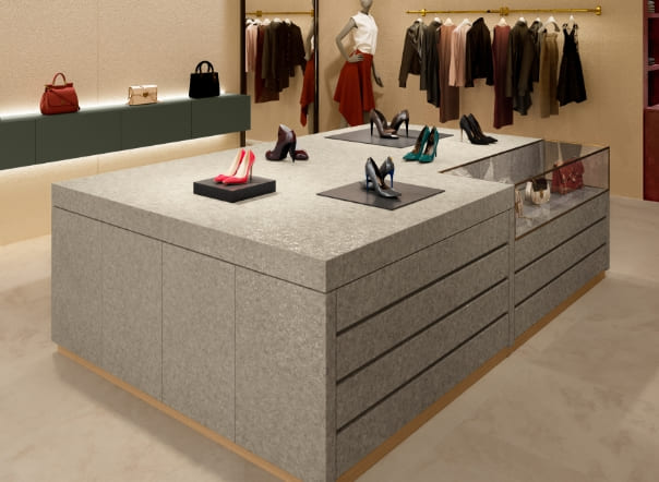 薄いグレーの天然石調化粧板を使ったショーケースイメージ